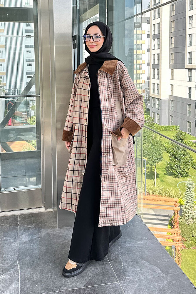 Maya Kadife Yakalı Ekose Trenç - Bej - ALLMİSS (1)