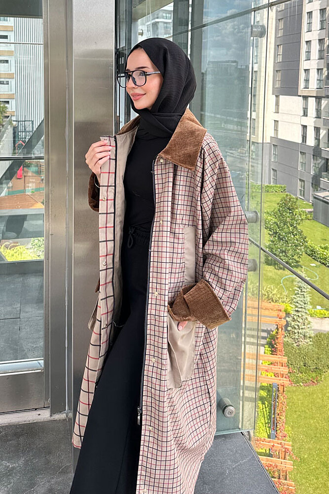 Maya Kadife Yakalı Ekose Trenç - Bej - 7