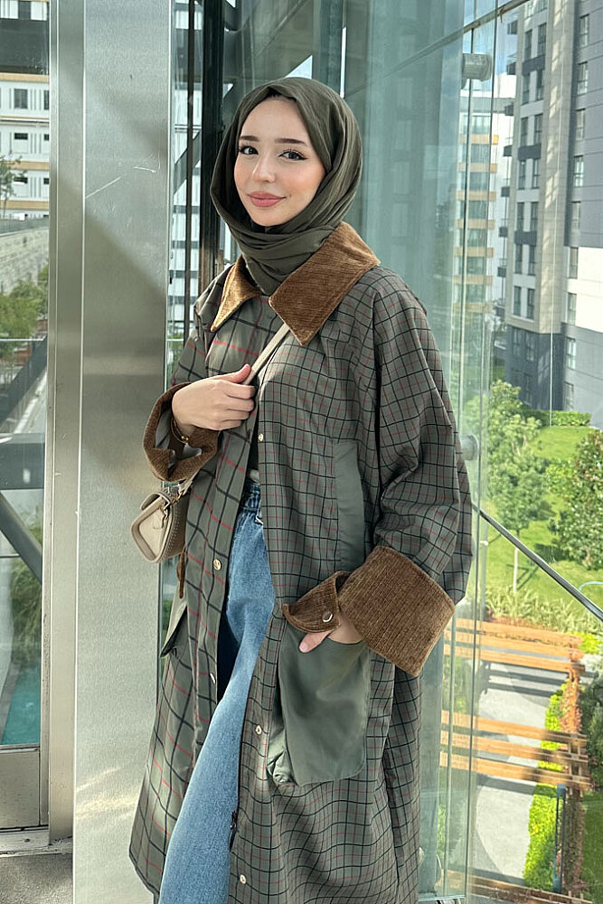 Maya Kadife Yakalı Ekose Trenç - Haki - 6