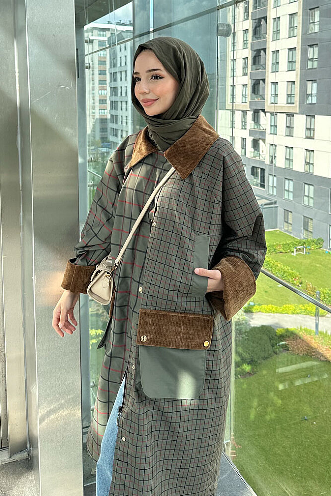 Maya Kadife Yakalı Ekose Trenç - Haki - 8