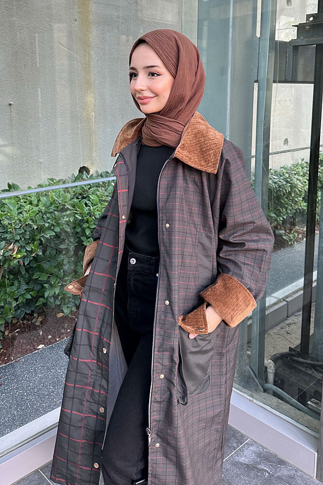 Maya Kadife Yakalı Ekose Trenç - Kahverengi - 4
