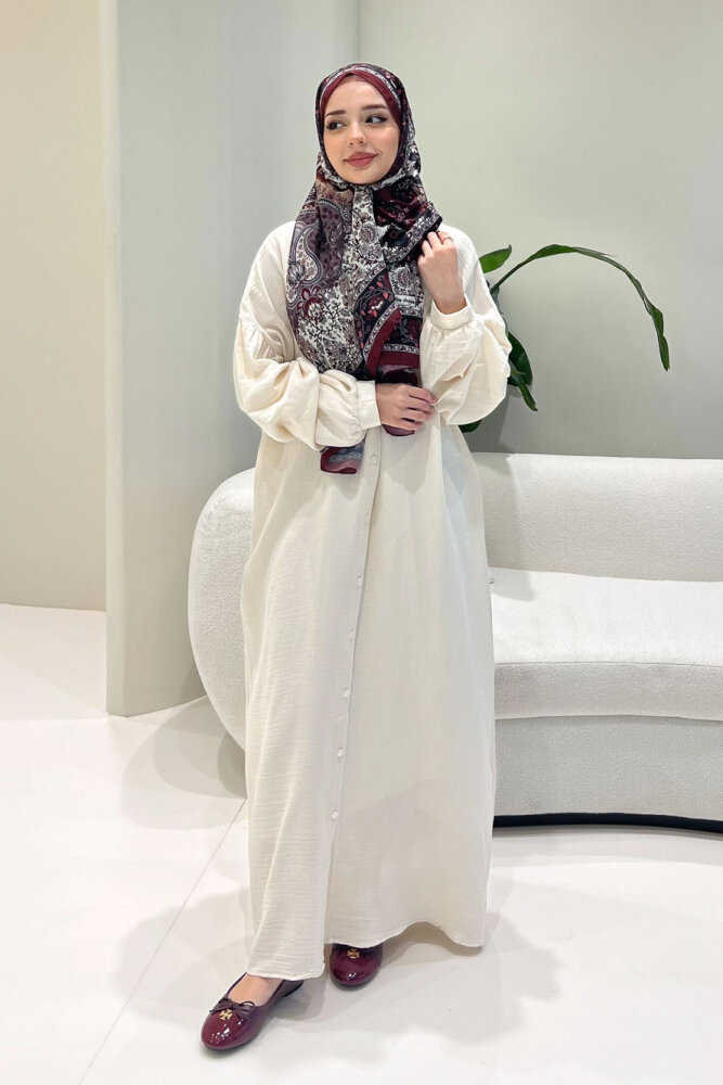 Meliora Müslin Tam Boy Düğmeli Elbise - Bej - ALLMİSS (0)