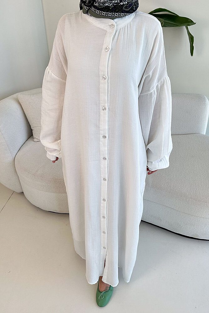 Meliora Müslin Tam Boy Düğmeli Elbise - Ekru - 3