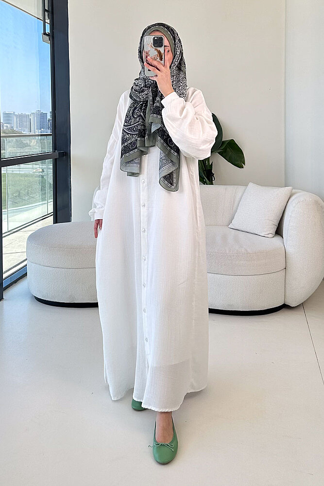 Meliora Müslin Tam Boy Düğmeli Elbise - Ekru - 4