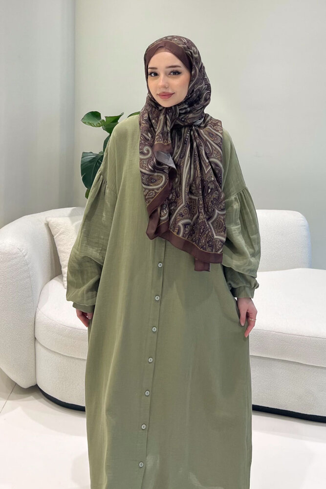 Meliora Müslin Tam Boy Düğmeli Elbise - Haki - 4