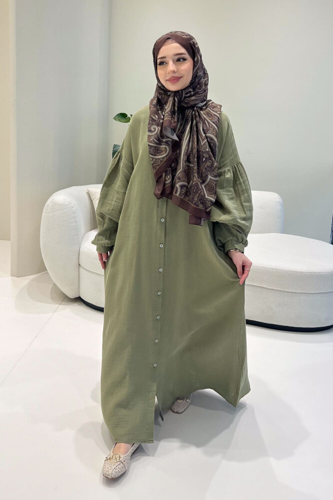 Meliora Müslin Tam Boy Düğmeli Elbise - Haki - 1