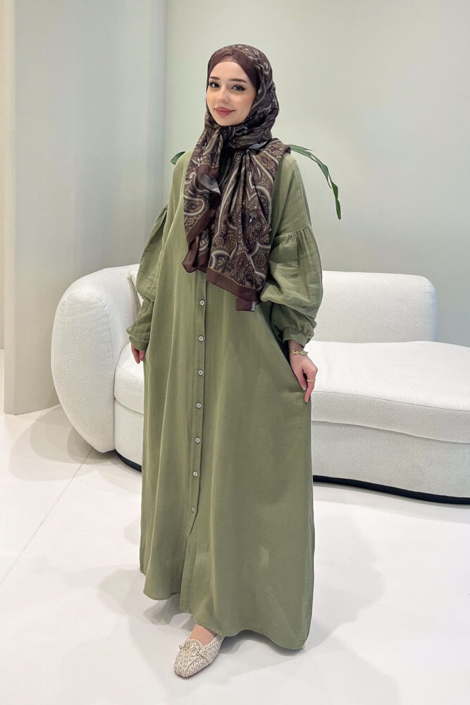 Meliora Müslin Tam Boy Düğmeli Elbise - Haki - 3