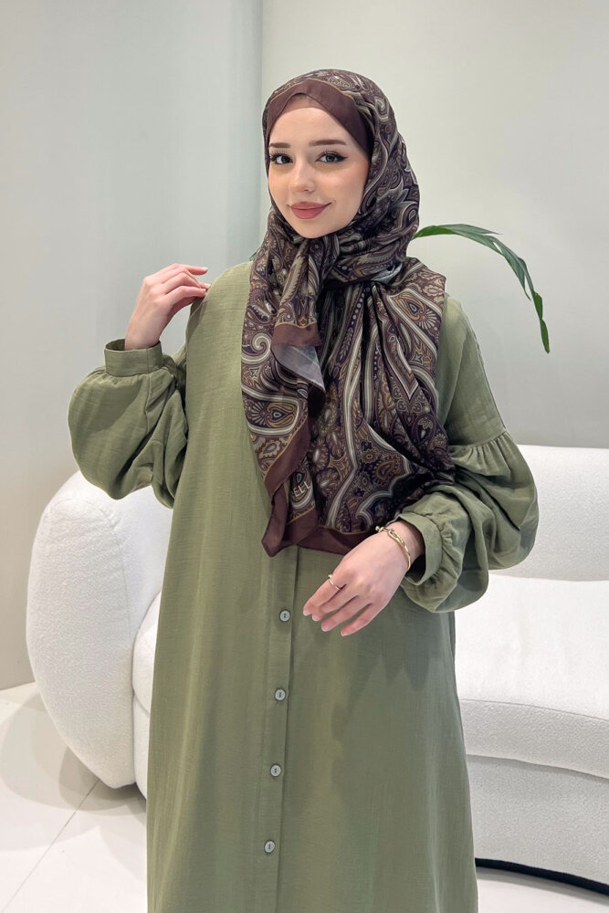 Meliora Müslin Tam Boy Düğmeli Elbise - Haki - 7