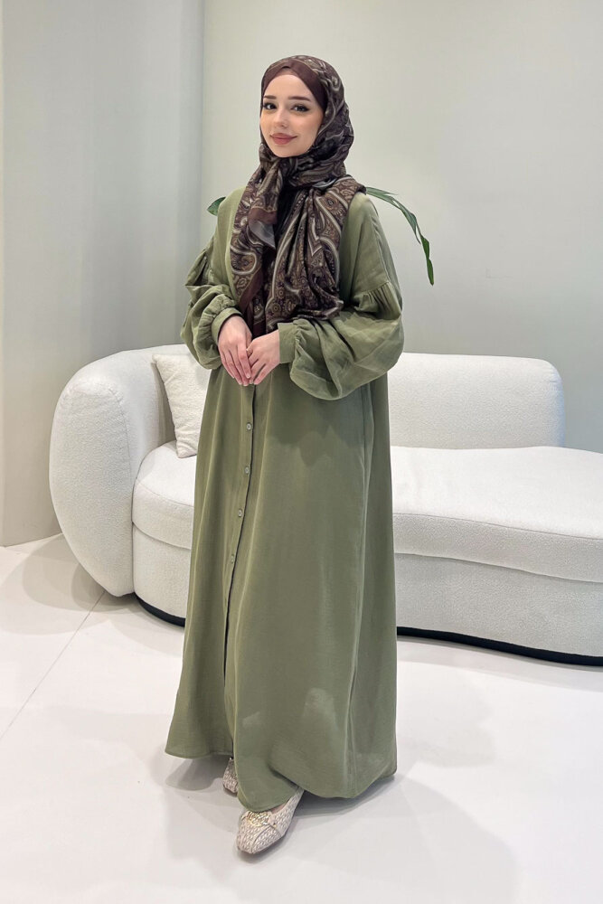 Meliora Müslin Tam Boy Düğmeli Elbise - Haki - 6