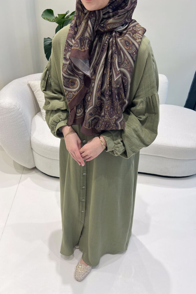 Meliora Müslin Tam Boy Düğmeli Elbise - Haki - ALLMİSS (4)