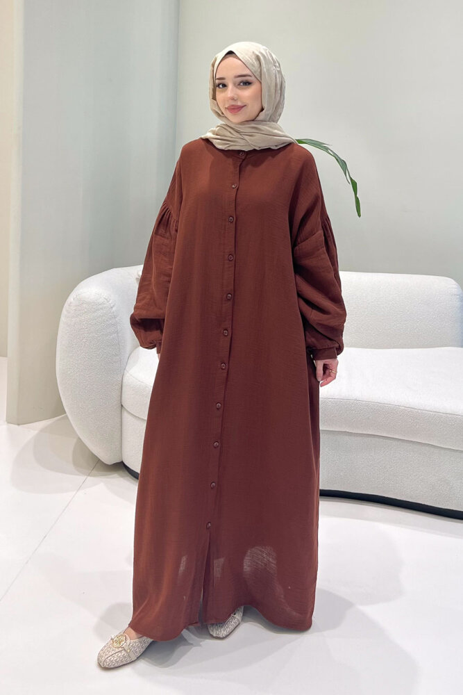 Meliora Müslin Tam Boy Düğmeli Elbise - Kahverengi - 2