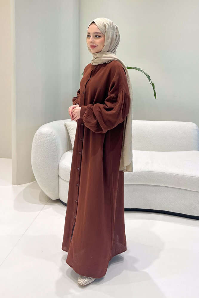 Meliora Müslin Tam Boy Düğmeli Elbise - Kahverengi - 6