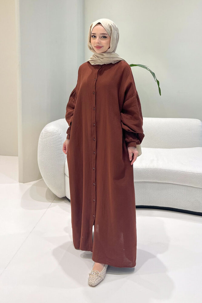 Meliora Müslin Tam Boy Düğmeli Elbise - Kahverengi - ALLMİSS (4)