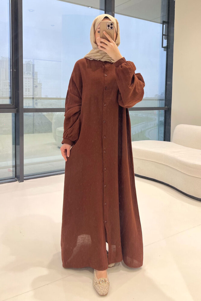 Meliora Müslin Tam Boy Düğmeli Elbise - Kahverengi - 1