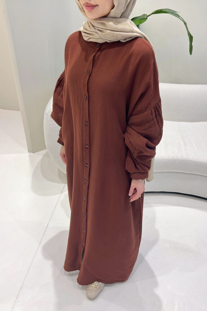 Meliora Müslin Tam Boy Düğmeli Elbise - Kahverengi - ALLMİSS (2)