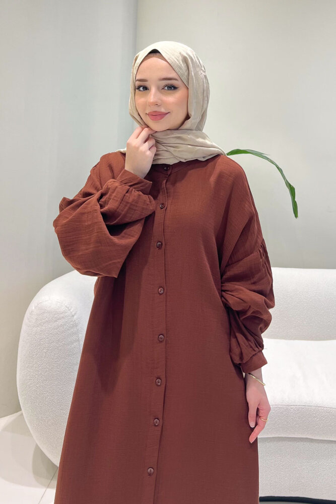 Meliora Müslin Tam Boy Düğmeli Elbise - Kahverengi - 7