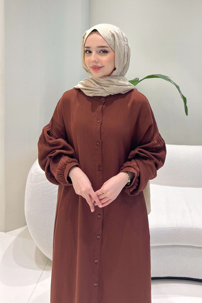 Meliora Müslin Tam Boy Düğmeli Elbise - Kahverengi - ALLMİSS (3)