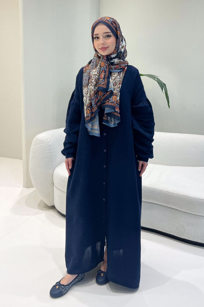 Meliora Müslin Tam Boy Düğmeli Elbise - Lacivert - 2