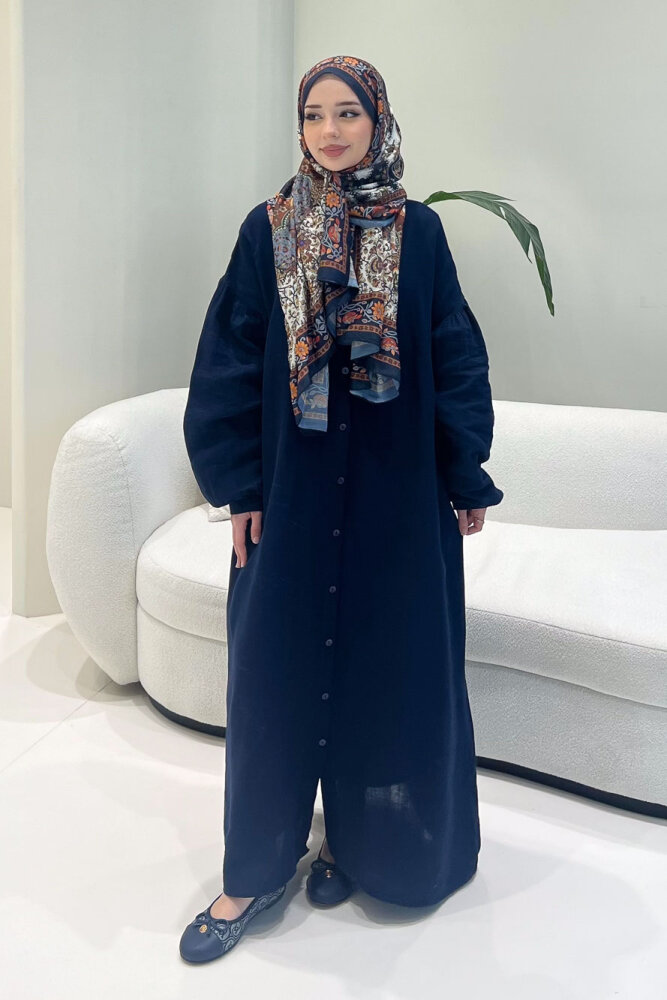 Meliora Müslin Tam Boy Düğmeli Elbise - Lacivert - 7