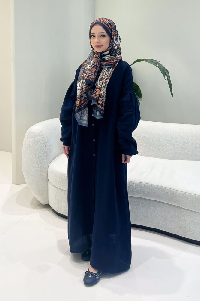 Meliora Müslin Tam Boy Düğmeli Elbise - Lacivert - 8