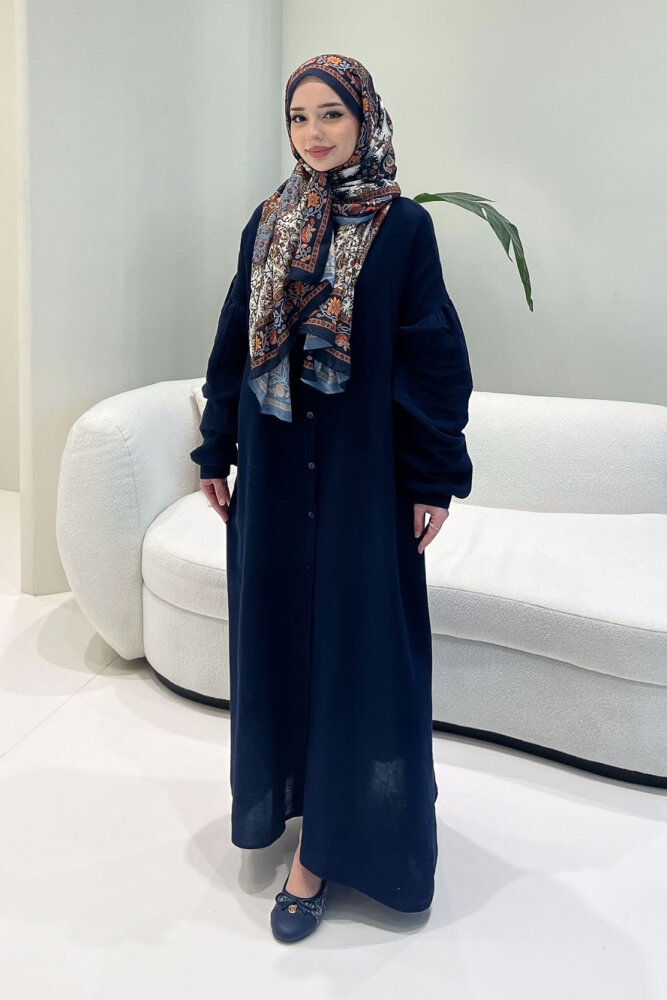 Meliora Müslin Tam Boy Düğmeli Elbise - Lacivert - 5