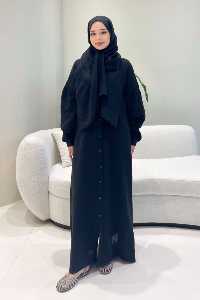 Meliora Müslin Tam Boy Düğmeli Elbise - Siyah - 2