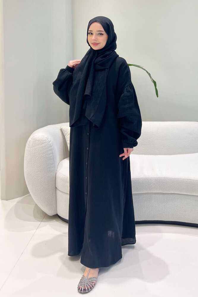 Meliora Müslin Tam Boy Düğmeli Elbise - Siyah - 4