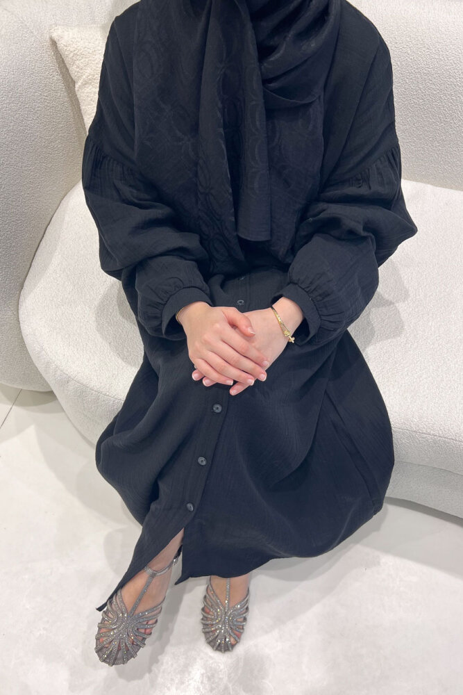 Meliora Müslin Tam Boy Düğmeli Elbise - Siyah - 1