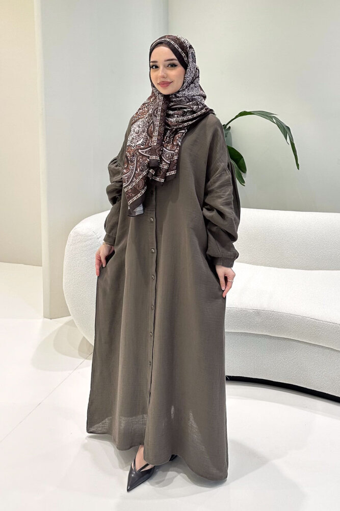 Meliora Müslin Tam Boy Düğmeli Elbise - Vizon - ALLMİSS (1)