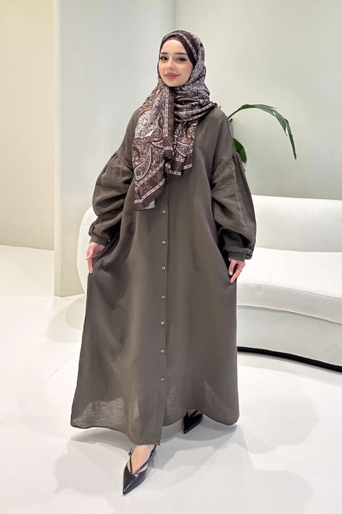 Meliora Müslin Tam Boy Düğmeli Elbise - Vizon - 5