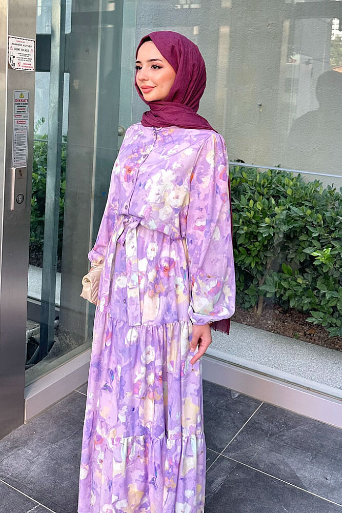 Melvani Kat Kat Kemerli Elbise - Lila - 5