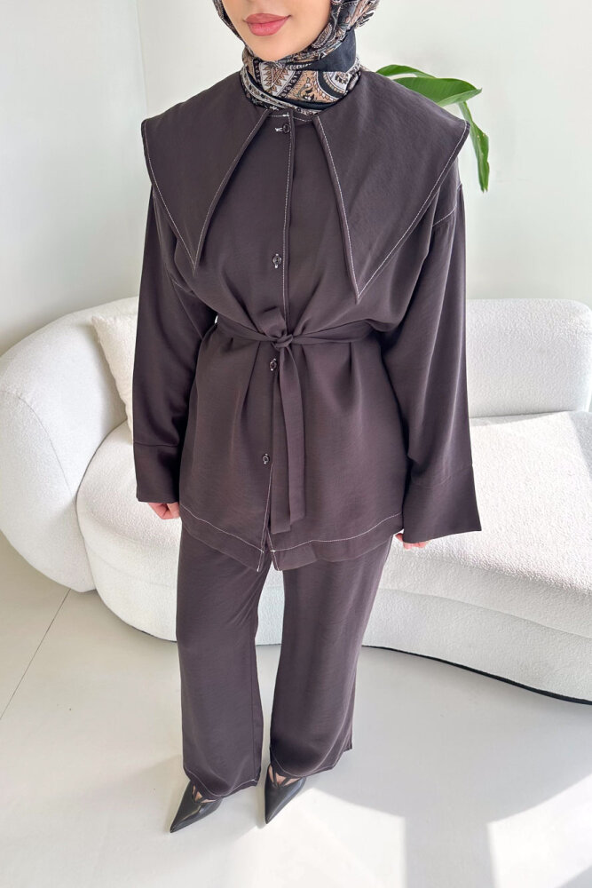 Mendil Yaka Kemerli Takım - Kahverengi - 3