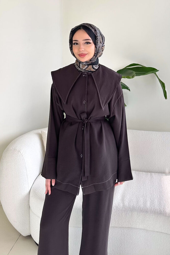 Mendil Yaka Kemerli Takım - Kahverengi - 5