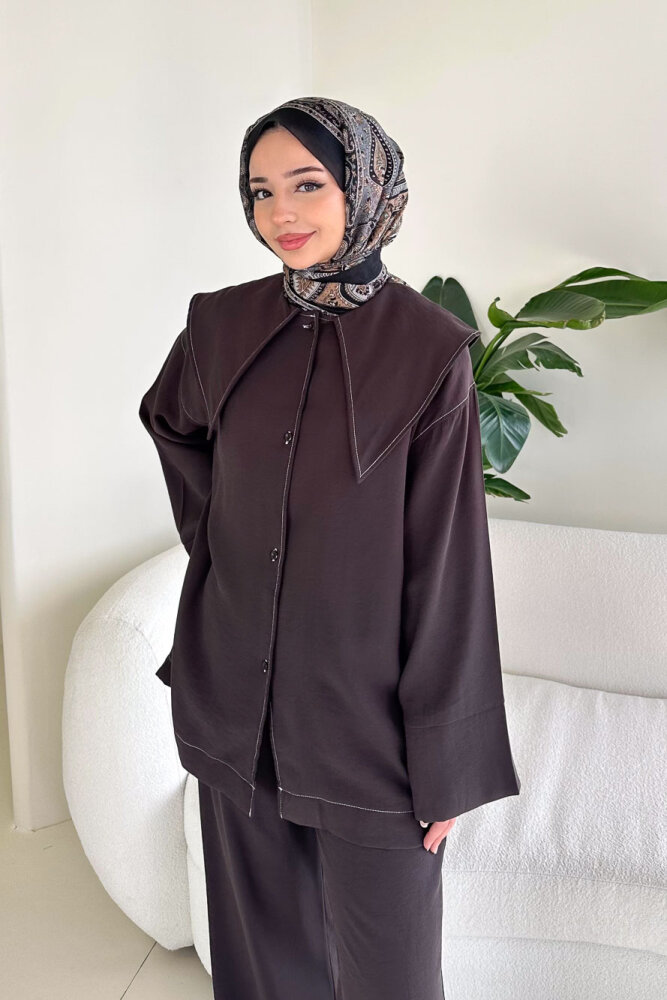 Mendil Yaka Kemerli Takım - Kahverengi - 7