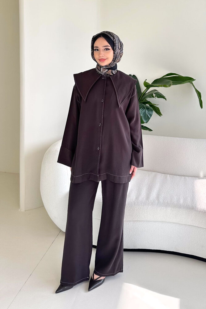 Mendil Yaka Kemerli Takım - Kahverengi - 4