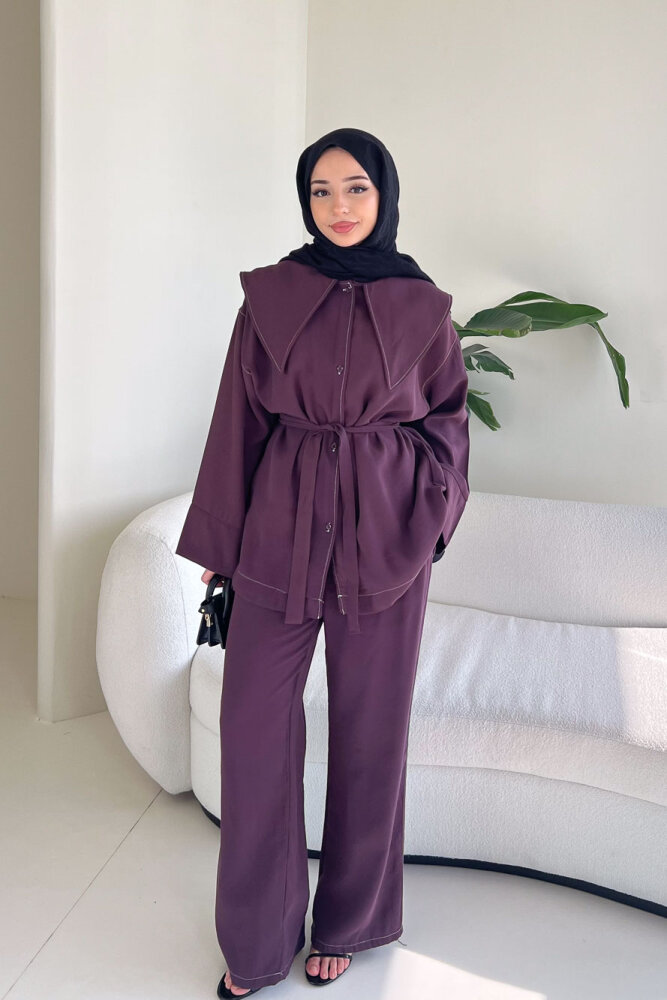 Mendil Yaka Kemerli Takım - Mürdüm - 5