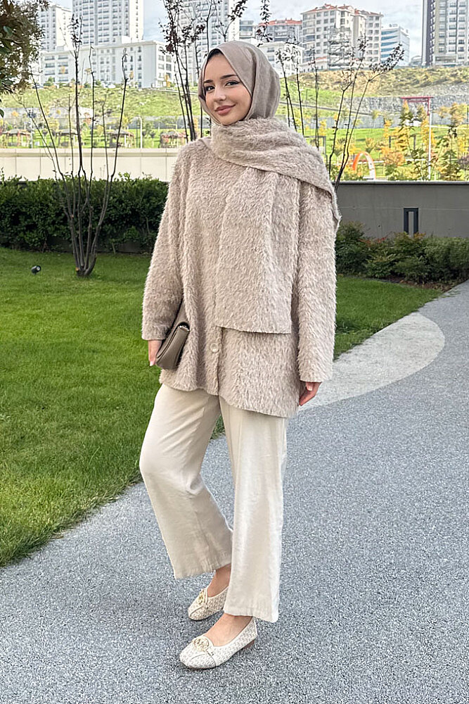 Mila Peluş Dokulu Şal Yaka Kaban - Bej - 4