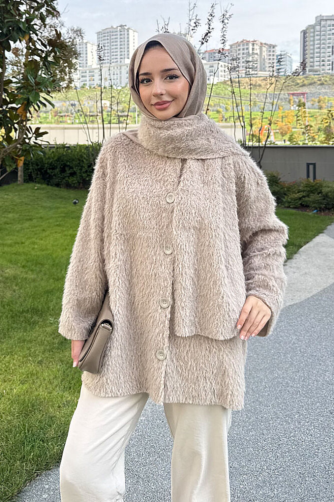 Mila Peluş Dokulu Şal Yaka Kaban - Bej - 3