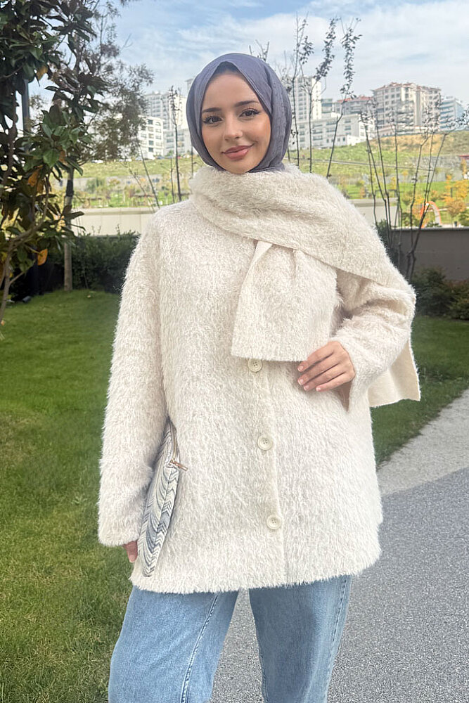 Mila Peluş Dokulu Şal Yaka Kaban - Ekru - 1