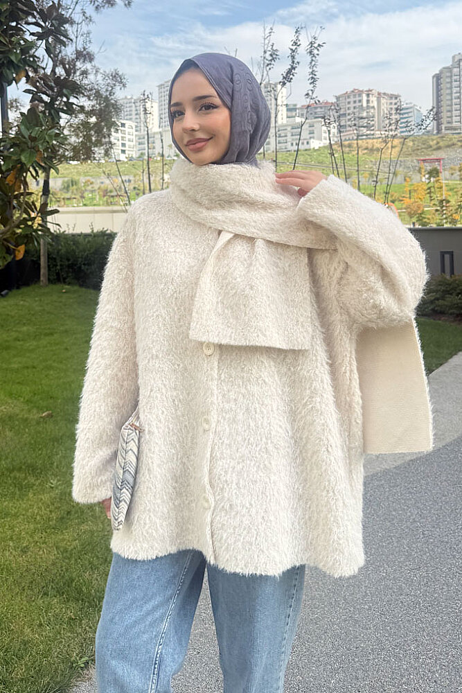 Mila Peluş Dokulu Şal Yaka Kaban - Ekru - 5