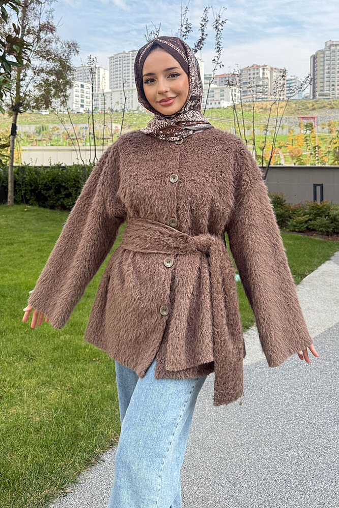 Mila Peluş Dokulu Şal Yaka Kaban - Kahverengi - 5