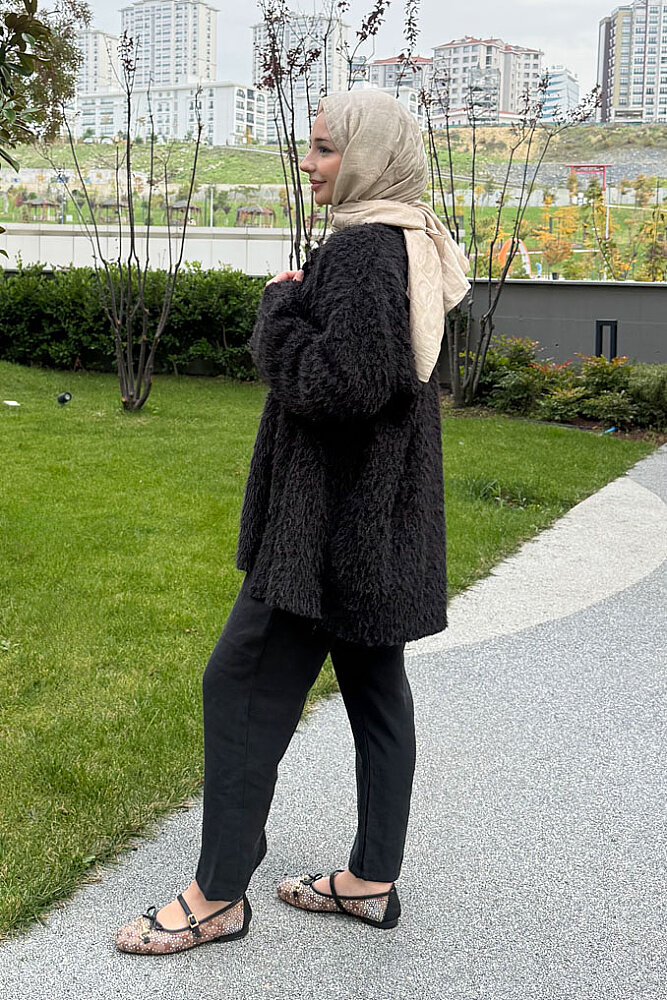 Mila Peluş Dokulu Şal Yaka Kaban - Siyah - ENMA (4)