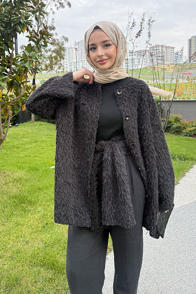Mila Peluş Dokulu Şal Yaka Kaban - Siyah - 2