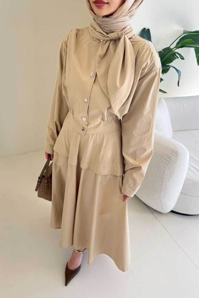 Mina Flar Detaylı Çıtçıtlı Etek Takım - Bej - 6