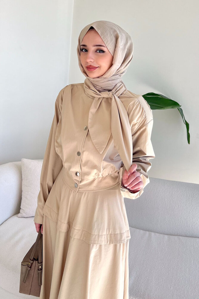 Mina Flar Detaylı Çıtçıtlı Etek Takım - Bej - 5