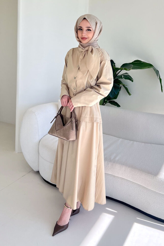 Mina Flar Detaylı Çıtçıtlı Etek Takım - Bej - 4