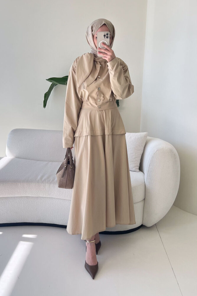 Mina Flar Detaylı Çıtçıtlı Etek Takım - Bej - 1