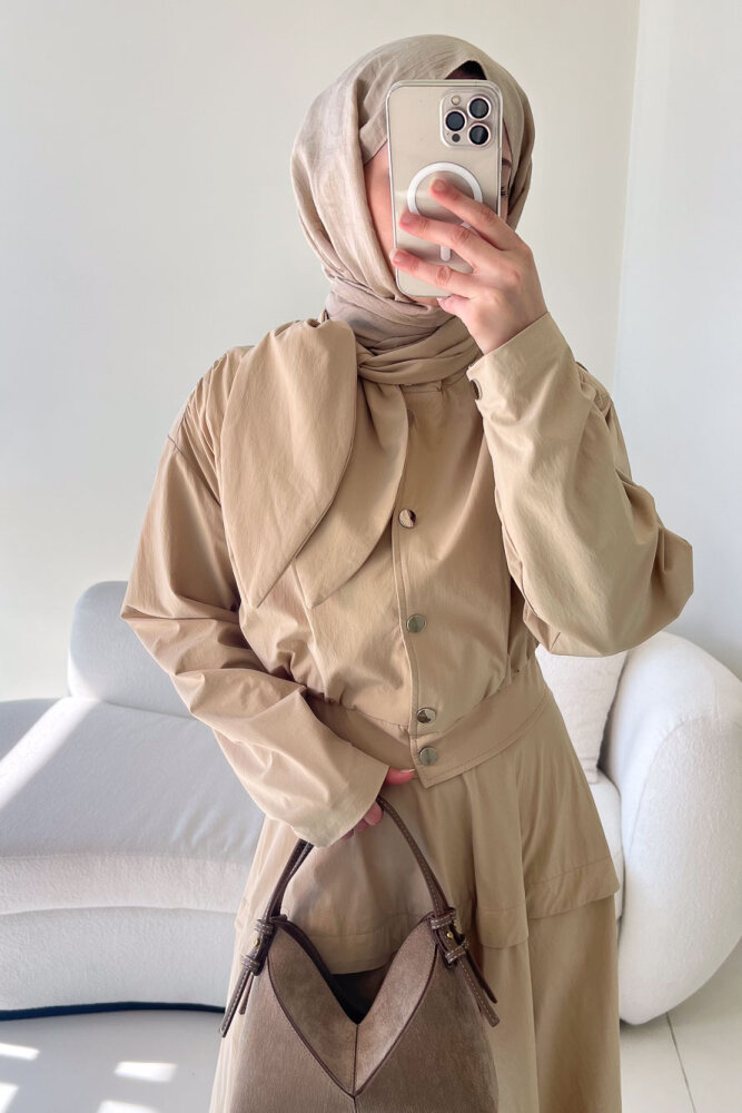 Mina Flar Detaylı Çıtçıtlı Etek Takım - Bej - 8