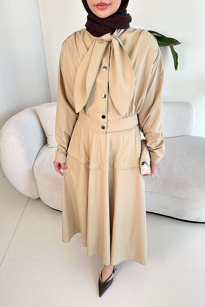 Mina Flar Detaylı Çıtçıtlı Etek Takım - Bej - HEWES (1)