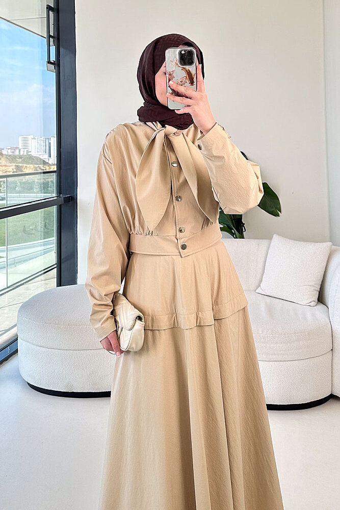 Mina Flar Detaylı Çıtçıtlı Etek Takım - Bej - 5